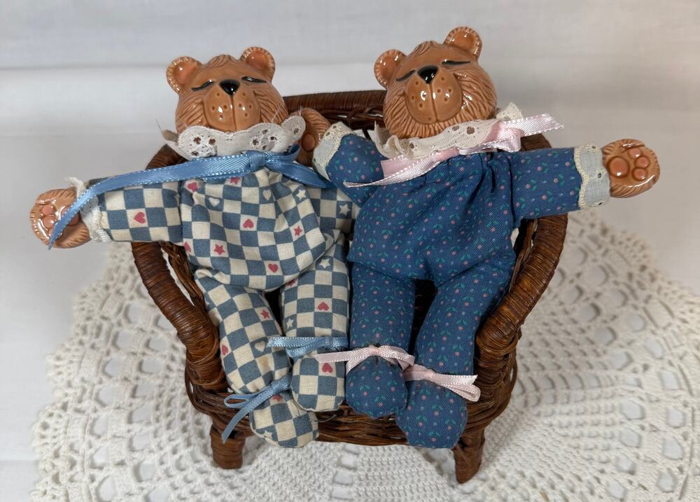 Cottagecore Bean Bag Teddy Bears Ceramic Heads Pair Wicker Chair Vintage 80s/90s